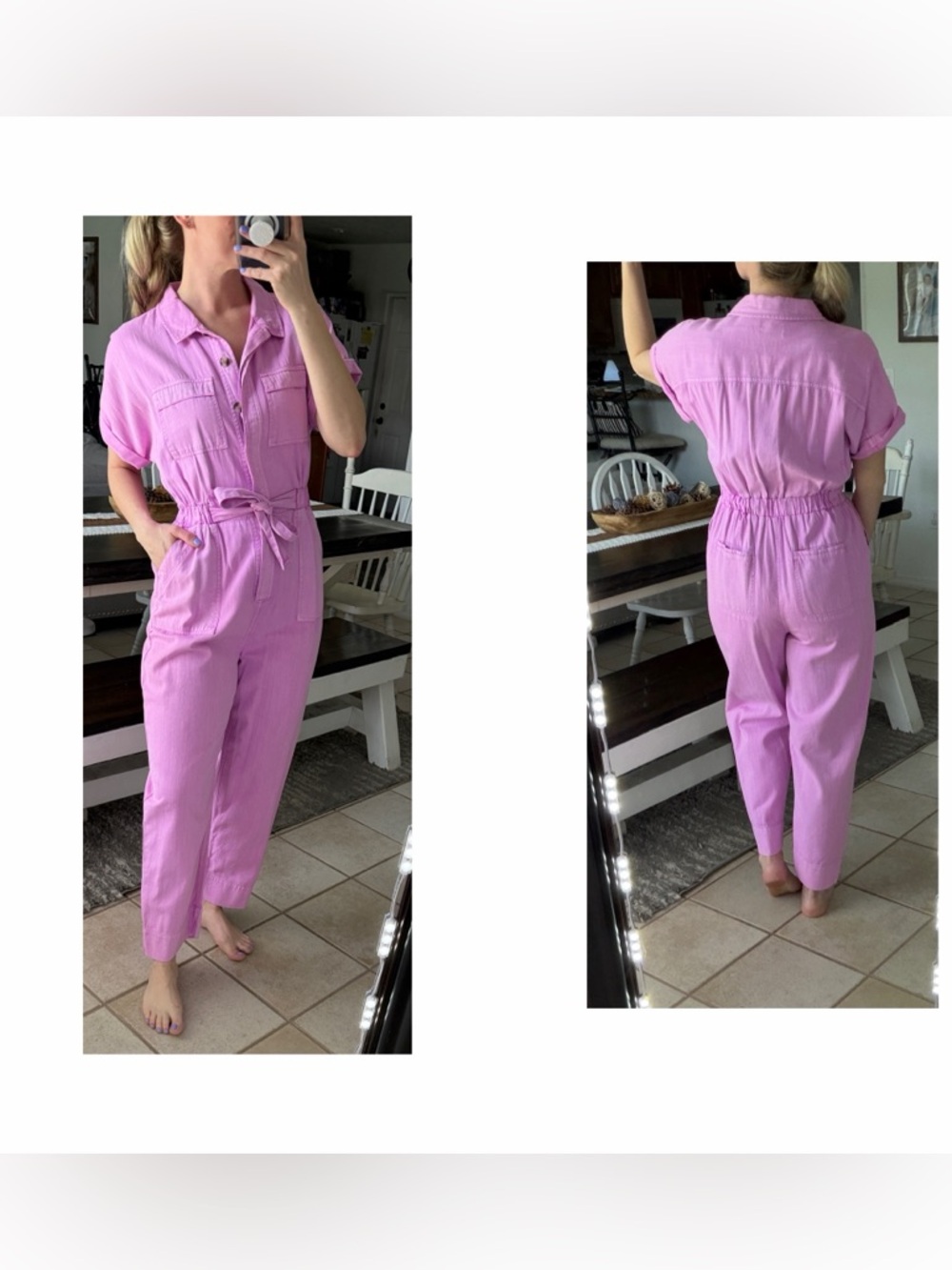 Universal Thread Neon Magenta Short Sleeve Button Front Denim Jumpsuit